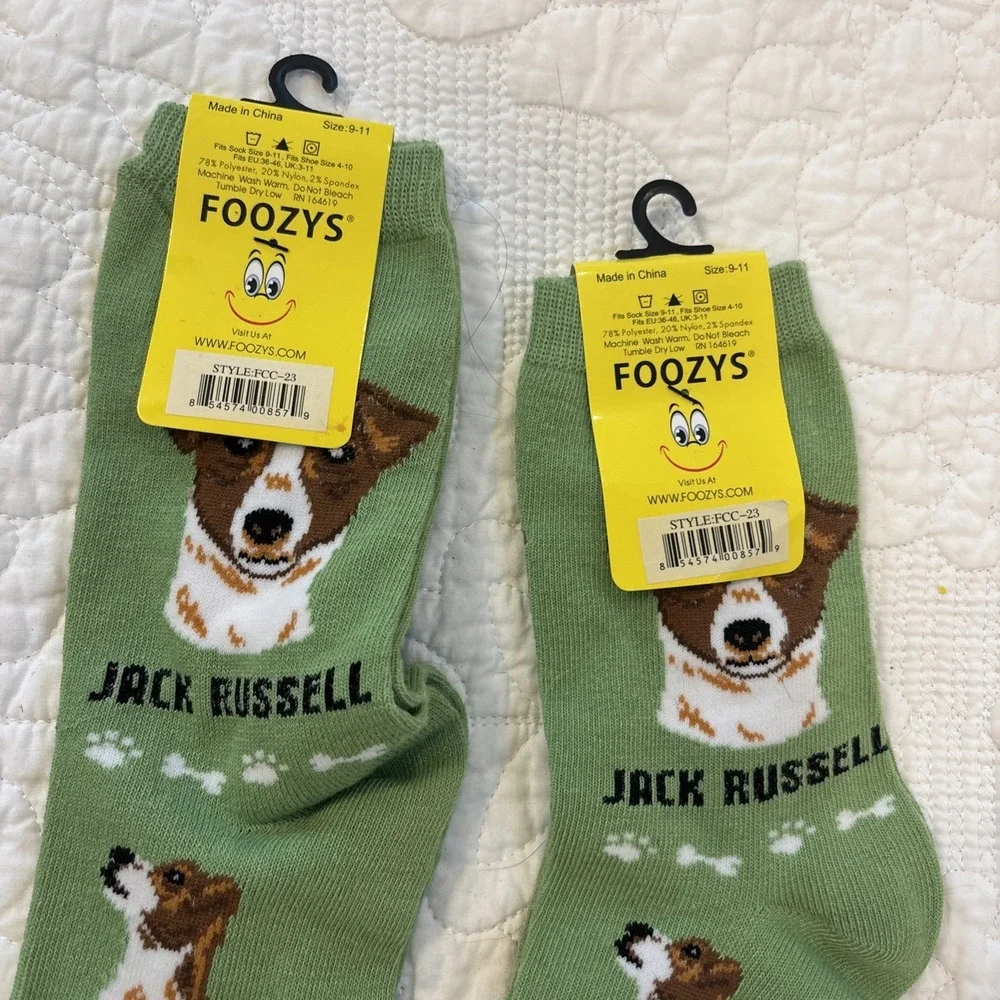 Foozy's Canine Collection Jack Russell Socks SZ 9-11 Green PolyBlend Lot of 2